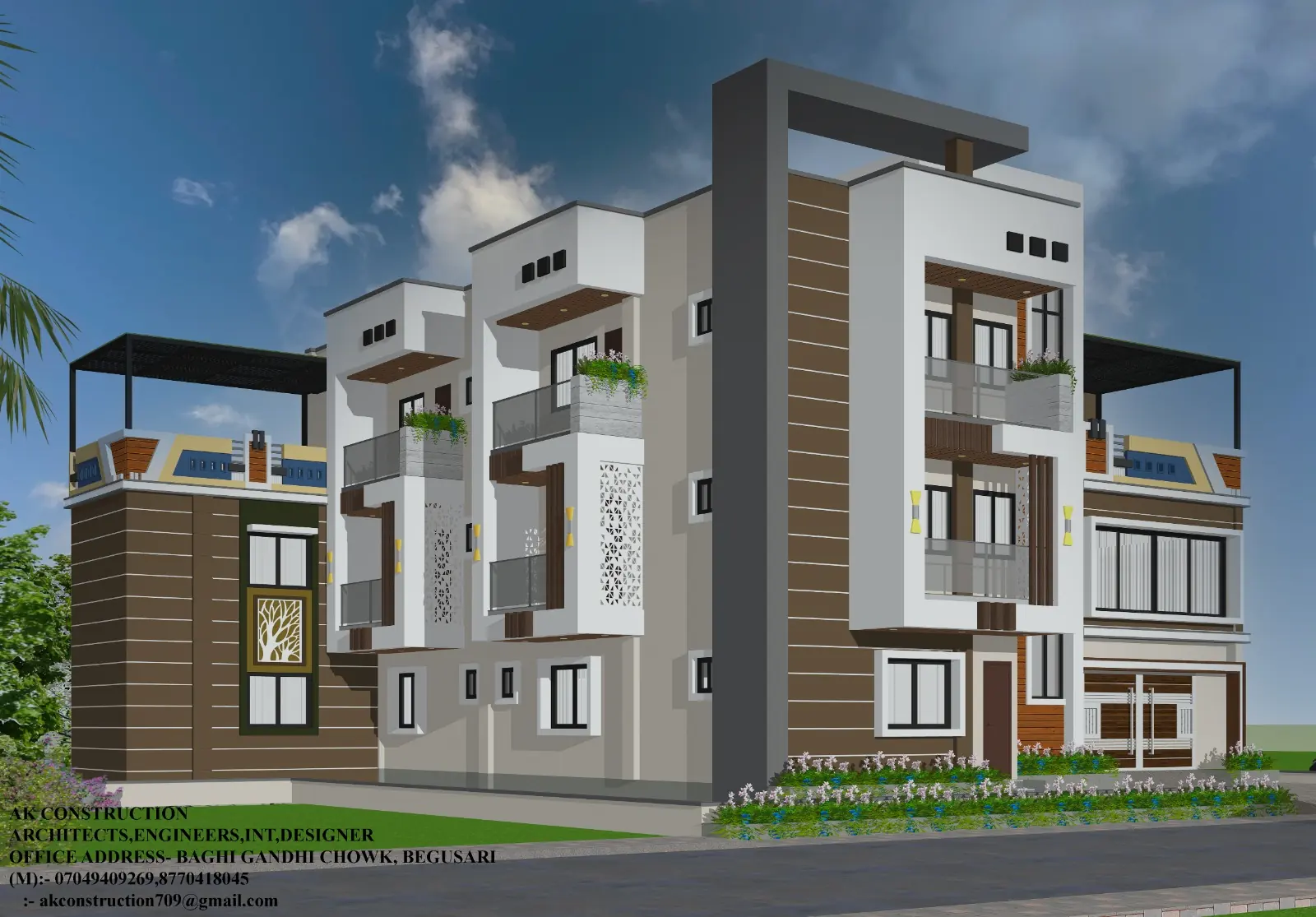 Modern G+2 house elevation with wooden cladding