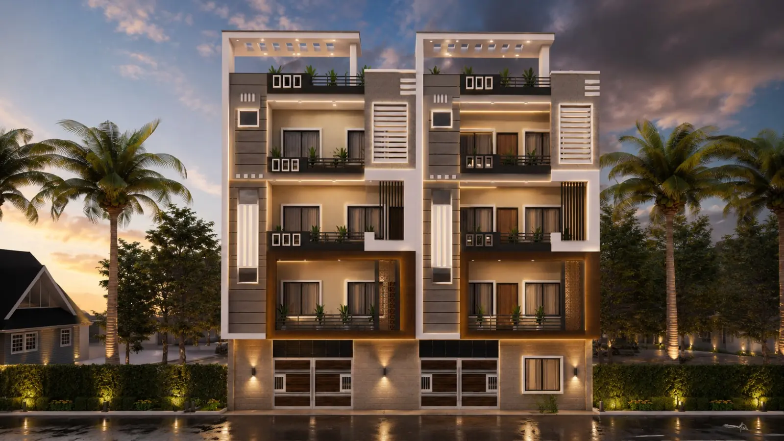 Twin G+3 residential building elevation at dusk