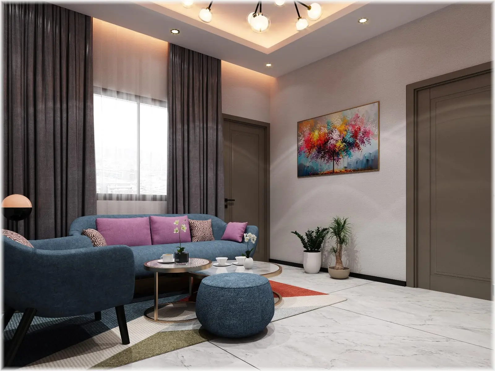 Living room interior design with sofa set and false ceiling